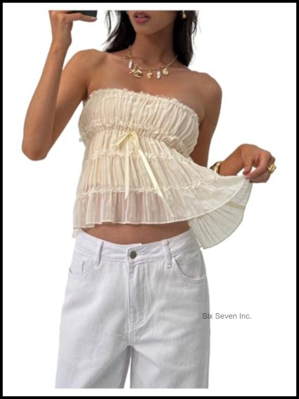 Pleated Shirred Mesh Strapless Peplum Bandeau Tube Top